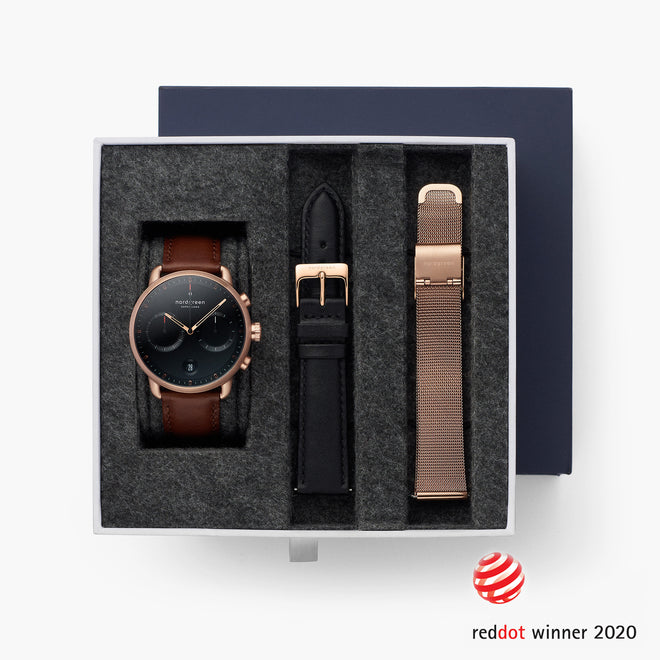 Pioneer - BUNDLE Black Dial Rose Gold | Brown Leather / Black Leather / Rose Gold Mesh Strap Pioneer - BUNDLE Black Dial Rose Gold | Brown Leather / Black Leather / Rose Gold Mesh Strap