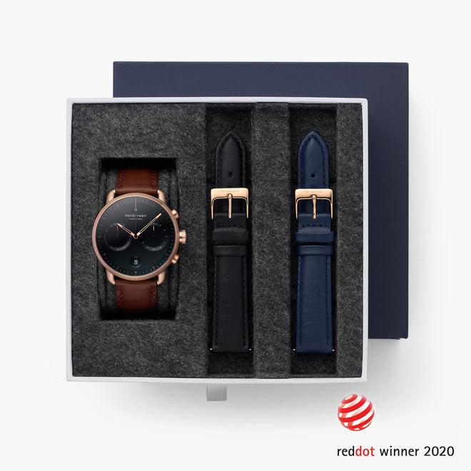 Pioneer - BUNDLE Black Dial Rose Gold | Brown Leather / Black Leather / Navy Leather Strap Pioneer - BUNDLE Black Dial Rose Gold | Brown Leather / Black Leather / Navy Leather Strap