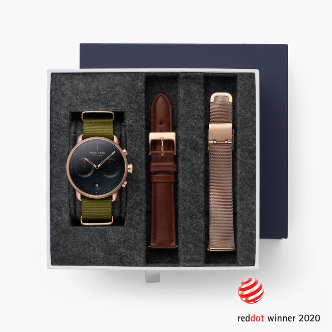 Pioneer - BUNDLE Black Dial Rose Gold | Olive Green NATO / Brown Leather / Rose Gold Mesh Strap Pioneer - BUNDLE Black Dial Rose Gold | Olive Green NATO / Brown Leather / Rose Gold Mesh Strap