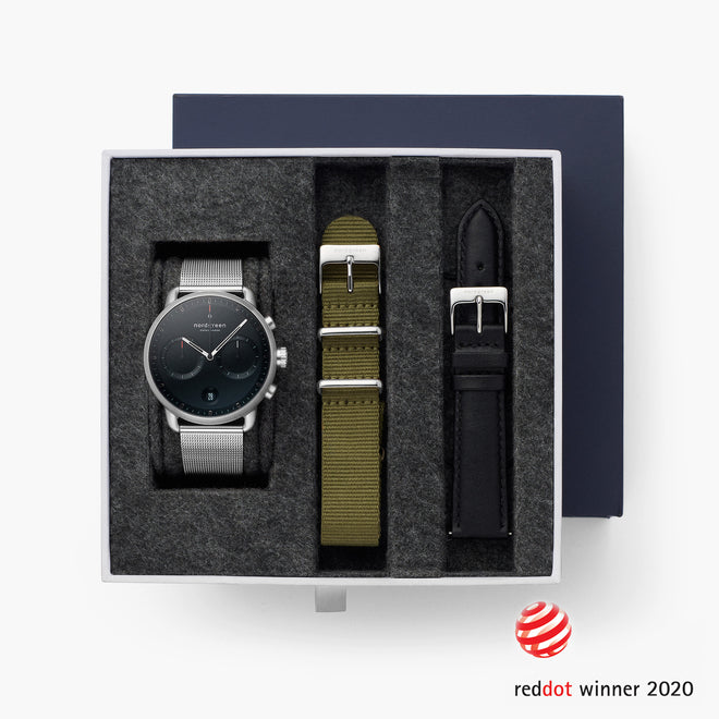 Pioneer - BUNDLE Black Dial Silver | Silver Mesh / Olive Green NATO / Black Leather Strap