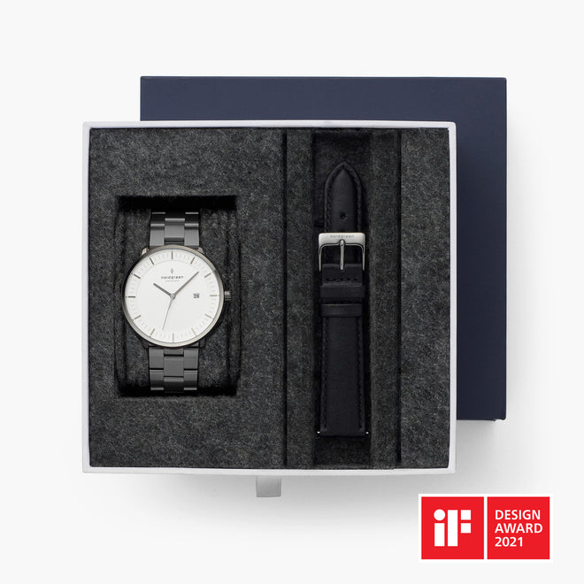 Philosopher - BUNDLE White Dial Gun Metal | Gun Metal 3-Link / Black Leather Strap Philosopher - BUNDLE White Dial Gun Metal | Gun Metal 3-Link / Black Leather Strap