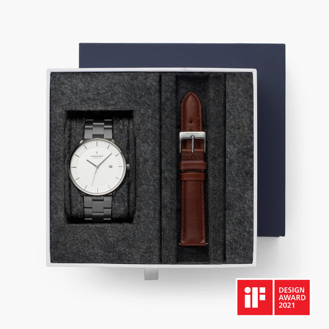 Philosopher - BUNDLE White Dial Gun Metal | Gun Metal 3-Link / Brown Leather Strap Philosopher - BUNDLE White Dial Gun Metal | Gun Metal 3-Link / Brown Leather Strap