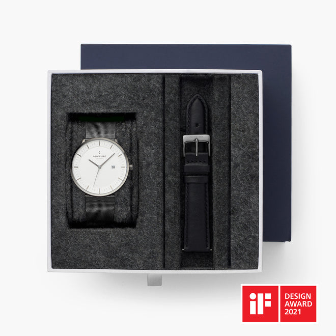 Philosopher - BUNDLE White Dial Gun Metal | Gun Metal Mesh / Black Leather Straps Philosopher - BUNDLE White Dial Gun Metal | Gun Metal Mesh / Black Leather Straps