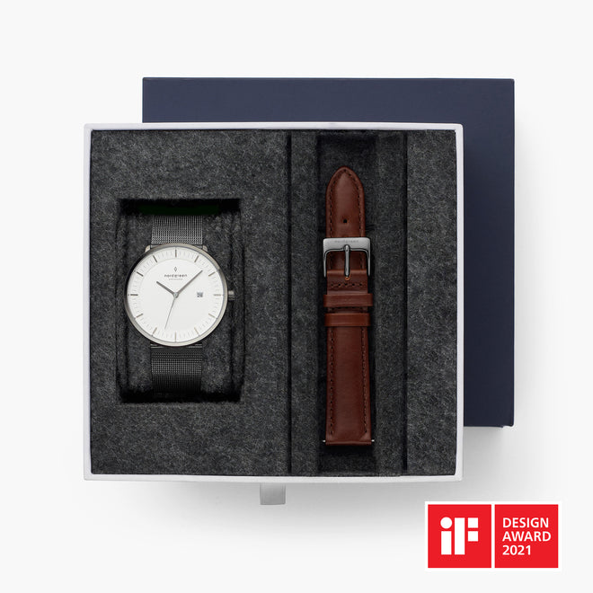 Philosopher BUNDLE White Dial Gun Metal | Mesh / Brown Leather Strap Philosopher BUNDLE White Dial Gun Metal | Mesh / Brown Leather Strap