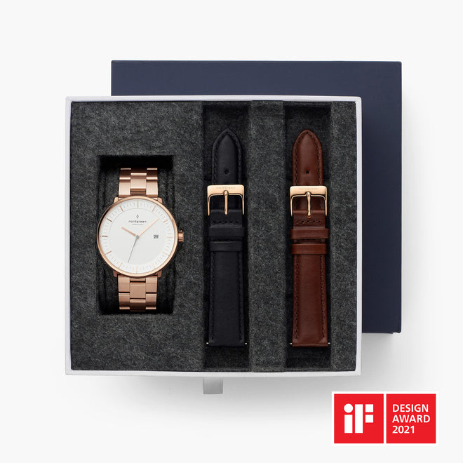 Philosopher - BUNDLE White Dial Rose Gold | Rose Gold 3-Link / Black / Brown Leather Strap