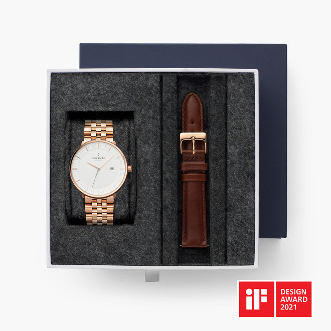 Philosopher - BUNDLE White Dial Rose Gold | Rose Gold 5-Link / Brown Leather Strap Philosopher - BUNDLE White Dial Rose Gold | Rose Gold 5-Link / Brown Leather Strap