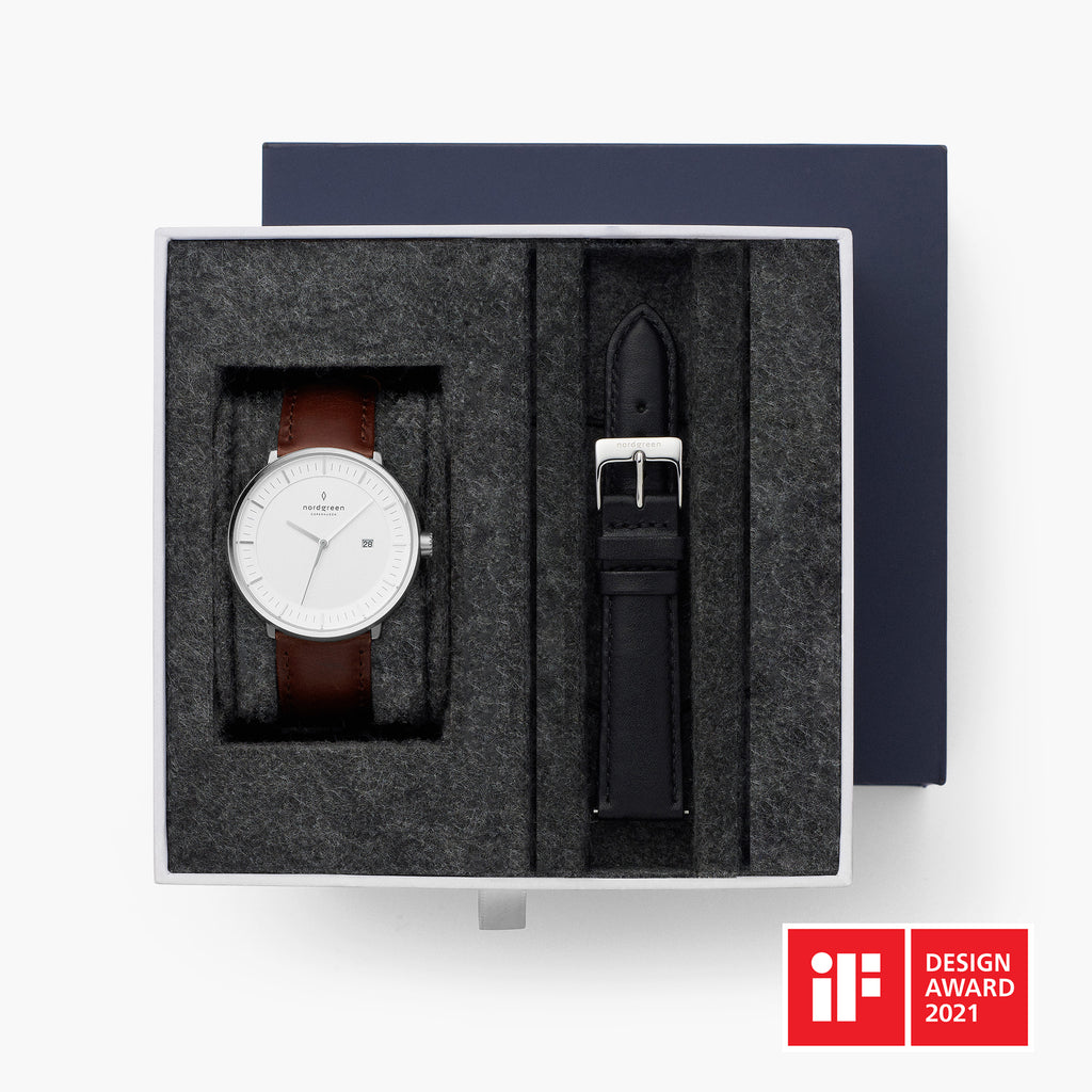 Philosopher - BUNDLE White Dial Silver | Brown / Black Leather Strap -  Nordgreen UK