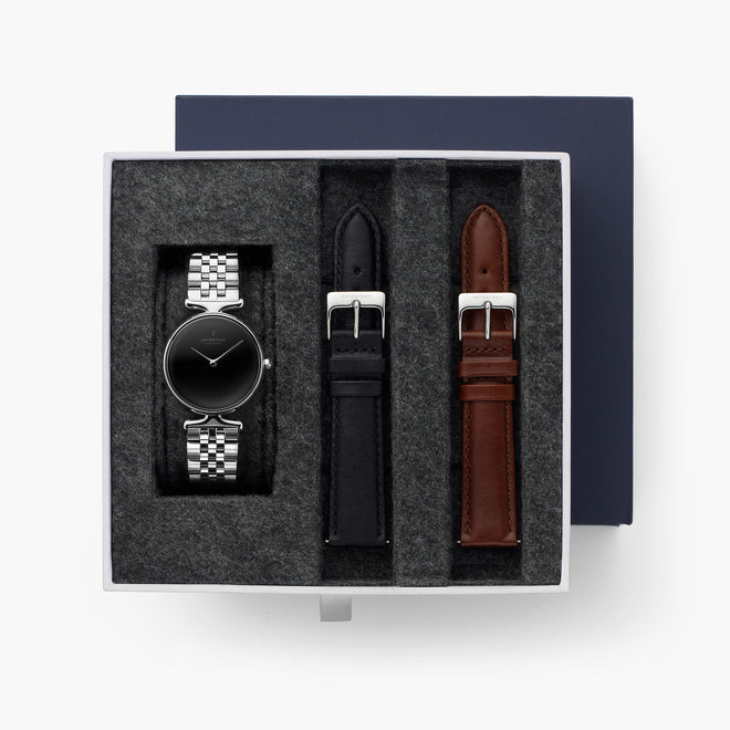 Unika - BUNDLE Black Dial Silver | Silver 5-Link / Black / Brown Leather Strap