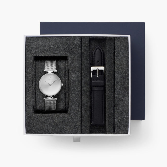 Unika - BUNDLE Brushed Metal Dial Silver | Silver Mesh / Black Leather Strap Unika - BUNDLE Brushed Metal Dial Silver | Silver Mesh / Black Leather Strap