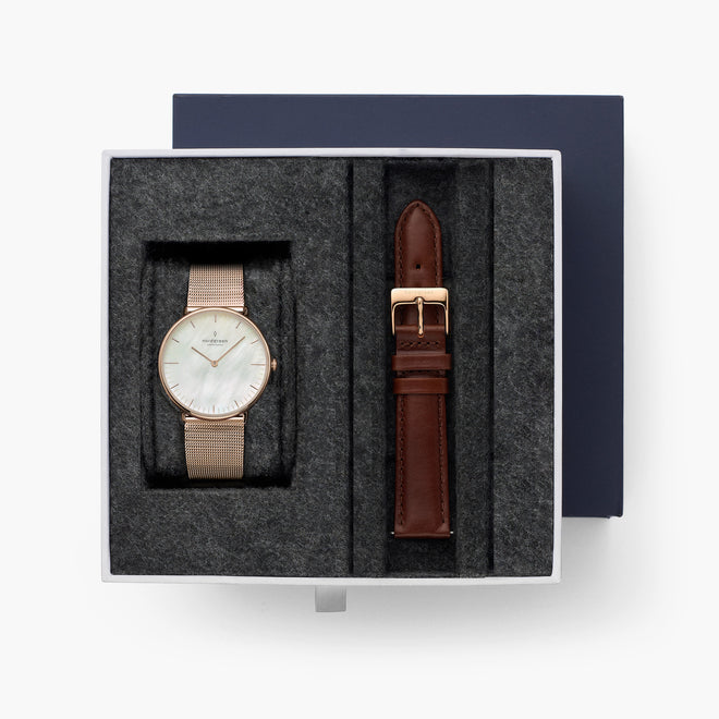 Native - BUNDLE Mother of Pearl Dial Rose Gold | Mesh / Brown Leather Native - BUNDLE Mother of Pearl Dial Rose Gold | Mesh / Brown Leather
