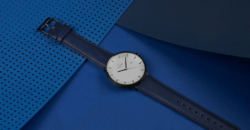 Blue leather watch strap on Nordgreen Philosopher watch