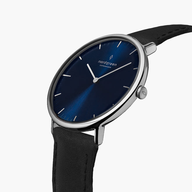 NR36SILEBLNA NR40SILEBLNA &Native silver watch mens - navy blue dial - black leather strap
