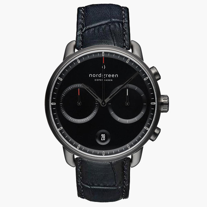 PI42GMLEBCBL &Pioneer gunmetal watch - black dial - black croc leather strap