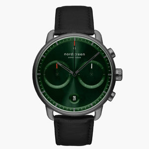 PI42GMLEBLGS &Pioneer gunmetal watch - green sunray dial - black leather strap
