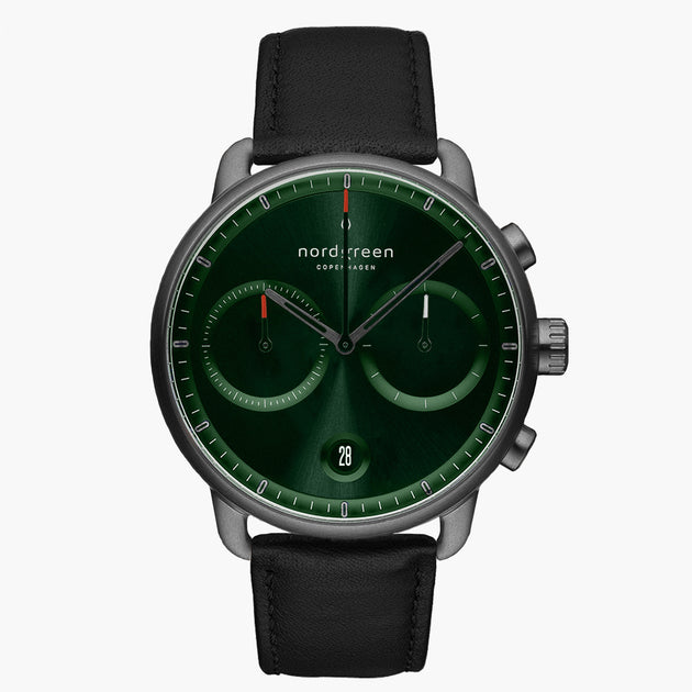 PI42GMLEBLGS &Pioneer gunmetal watch - green sunray dial - black leather strap