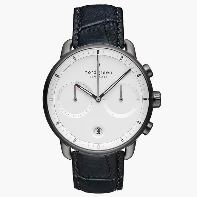 PI42GMLEBCXX &Pioneer gunmetal watch - white dial - black leather strap