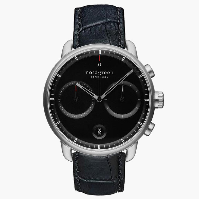 PI42SILEBCBL &Pioneer silver watch mens - black dial - black croc leather strap