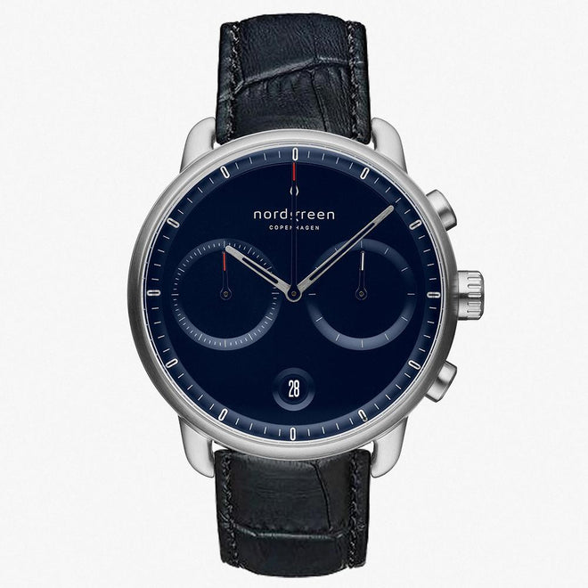 PI42SILEBCNA &Pioneer silver watch mens - navy blue dial - black croc leather strap