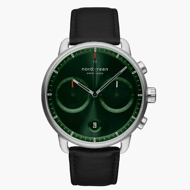 PI42SILEBLGS &Pioneer silver watch men - sunray green dial - black leather strap