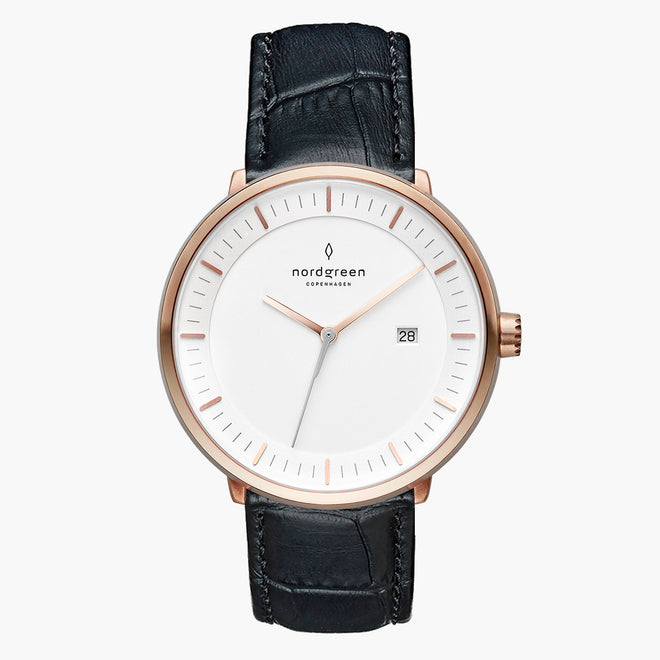 PH40RGLEBCXX &Philosopher mens white face watches - rose gold case - black croc leather strap