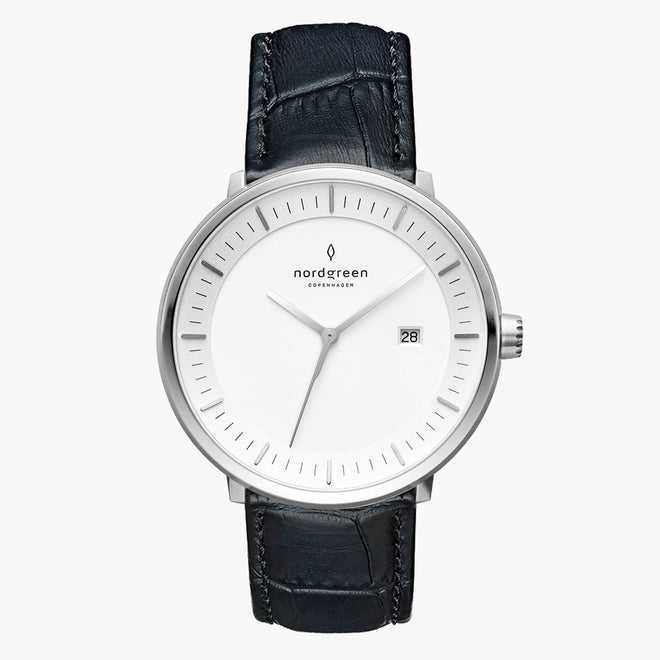 PH40SILEBCXX &Philosopher silver watch mens - white dial - black croc leather strap