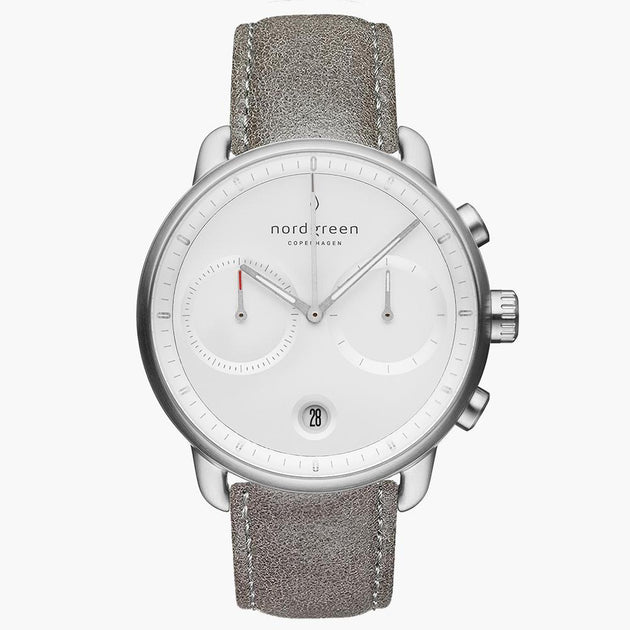PI42SILEGRXX &Pioneer silver watch mens - white dial - patina grey leather strap