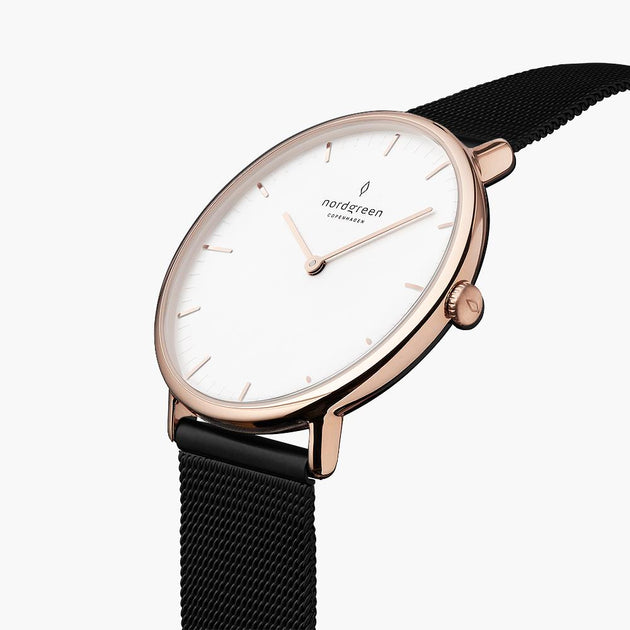 NR36RGMEBLXX NR40RGMEBLXX &Native rose gold ladies watch - white dial - black mesh strap