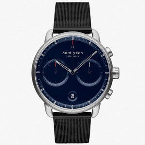 PI42SIMEBLNA &Pioneer silver watch mens - navy blue dial - black mesh strap