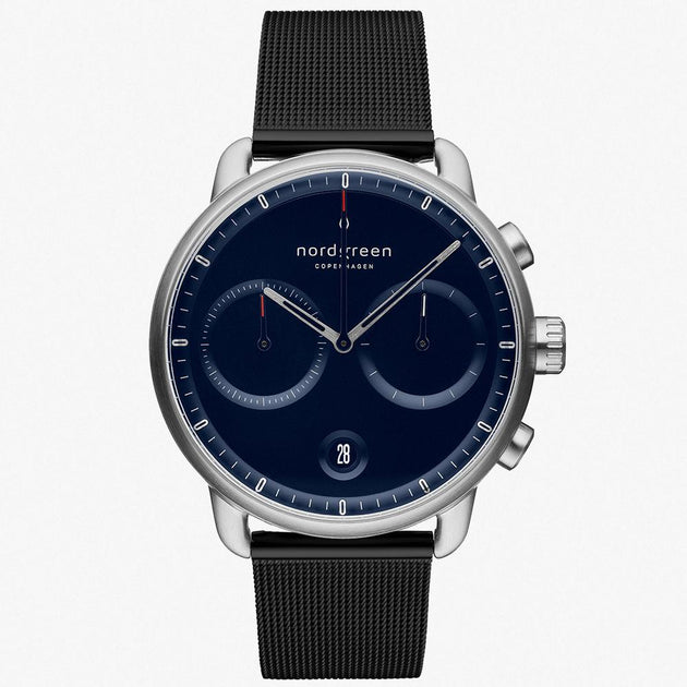 PI42SIMEBLNA &Pioneer silver watch mens - navy blue dial - black mesh strap