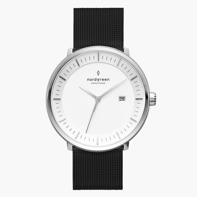 PH36SIMEBLXX PH40SIMEBLXX &Philosopher silver watch mens - white dial - black mesh strap