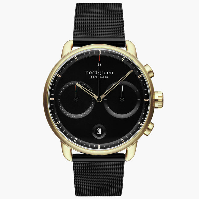 PI42GOMEBLBL &Pioneer mens gold watches - black dial - black mesh strap