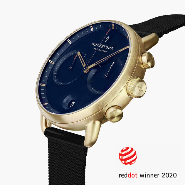 PI42GOMEBLNA &Pioneer mens gold watches - navy blue dial - black mesh strap