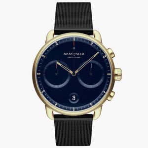 PI42GOMEBLNA &Pioneer mens gold watches - navy blue dial - black mesh strap