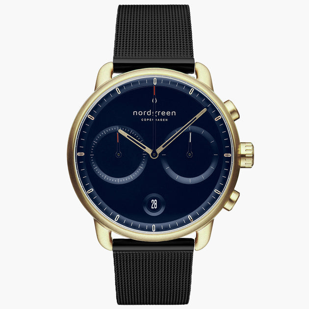 PI42GOMEBLNA &Pioneer mens gold watches - navy blue dial - black mesh strap