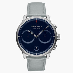 PI42SIVEDONA &Pioneer silver watch mens - navy blue dial - dove grey leather strap