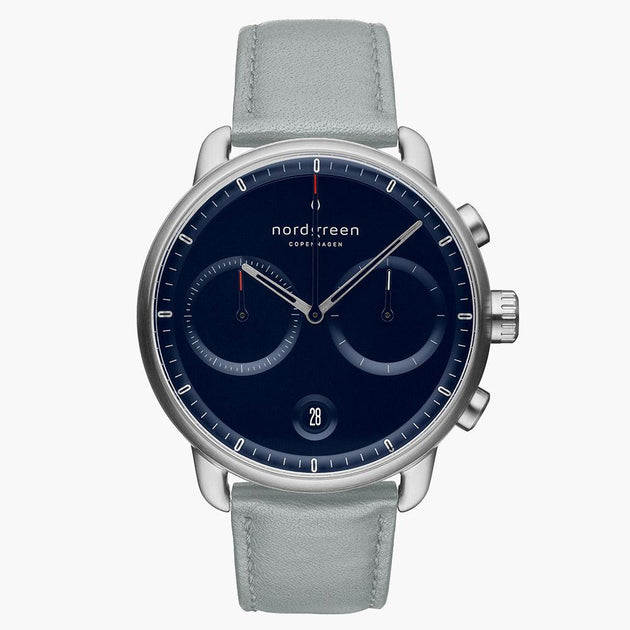 PI42SIVEDONA &Pioneer silver watch mens - navy blue dial - dove grey leather strap
