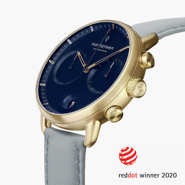 PI42GOVEDONA &Pioneer mens gold watches - navy blue dial - dove grey vegan leather strap