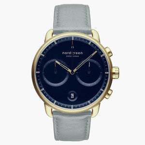 PI42GOVEDONA &Pioneer mens gold watches - navy blue dial - dove grey vegan leather strap