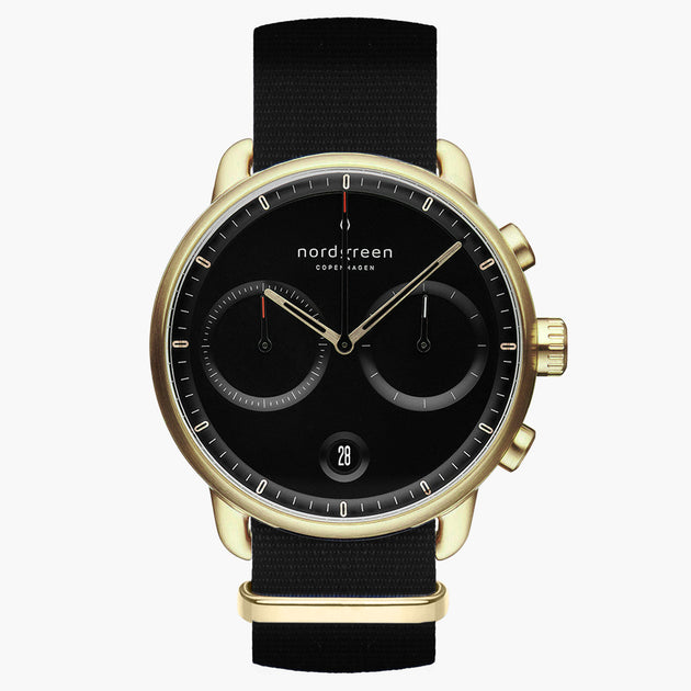 PI42GONYBLBL &Pioneer mens gold watches - black dial - black nylon strap