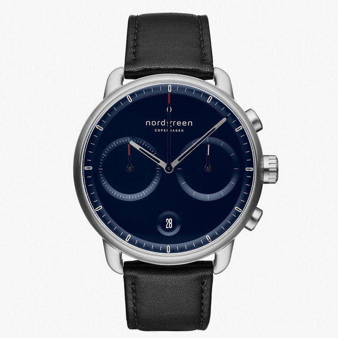 PI42SILEBLNA &Pioneer silver watch mens - navy blue dial - black leather strap