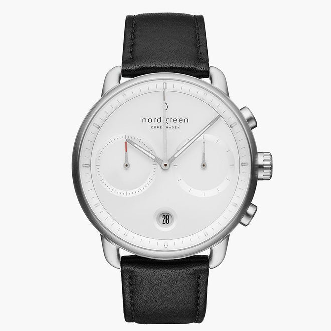 PI42SILEBLXX &Pioneer silver watch mens - white dial - black leather strap
