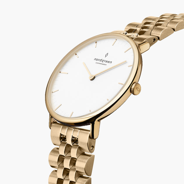 Native - BUNDLE White Dial Gold | Gold 5-Link / Black / Brown Leather Strap