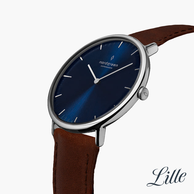 NR32SILEDBNA NR28SILEDBNA &Native ladies leather strap watches - navy dial - silver case  - dark brown leather strap