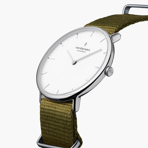 NR36SINYAGXX NR40SINYAGXX &Native silver watch women - white dial - olive green nylon strap