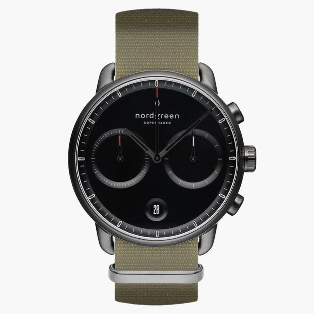 PI42GMNYAGBL &Pioneer gunmetal watch - black dial - olive green nylon strap