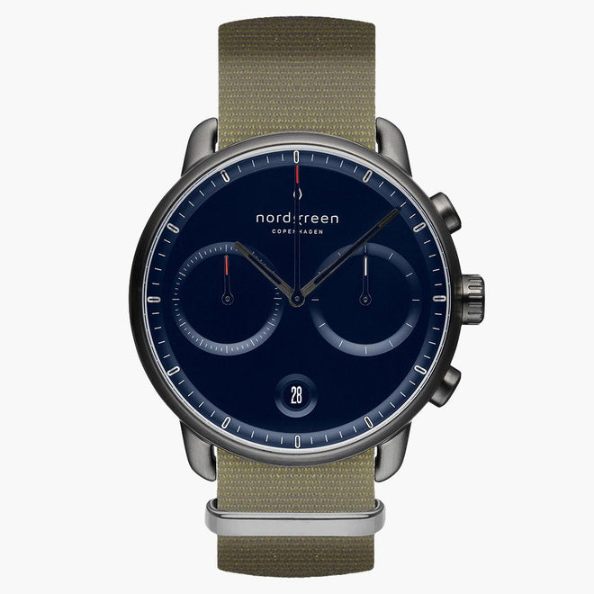 PI42GMNYAGNA &Pioneer gunmetal watch - navy blue dial - olive green nylon strap