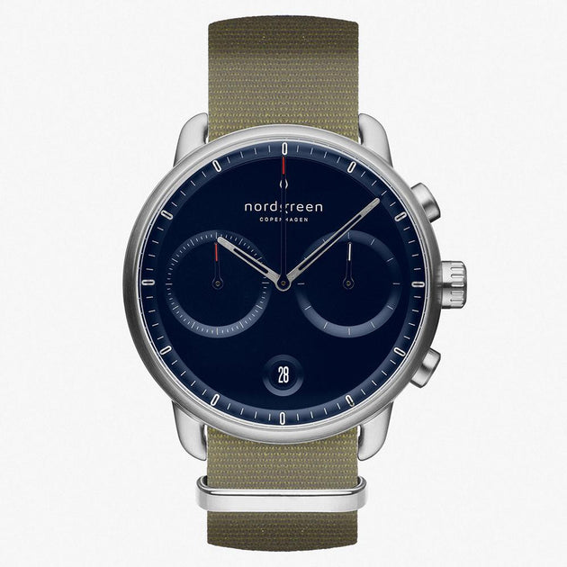 PI42SINYAGNA &Pioneer silver watch mens - navy blue dial -olive green nylon strap