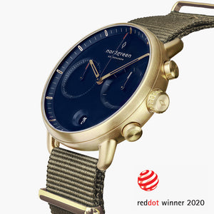 PI42GONYAGNA &Pioneer mens gold watches - navy blue dial - olive green nylon strap