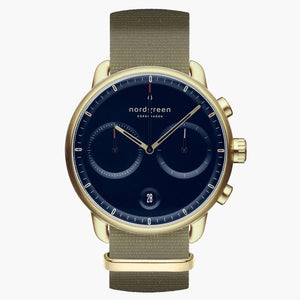 PI42GONYAGNA &Pioneer mens gold watches - navy blue dial - olive green nylon strap