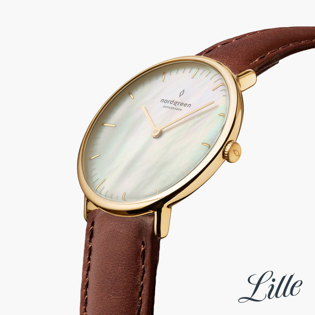 NR28GOLEBRMP NR32GOLEBRMP &Native mother of pearl watch - gold case - brown leather strap